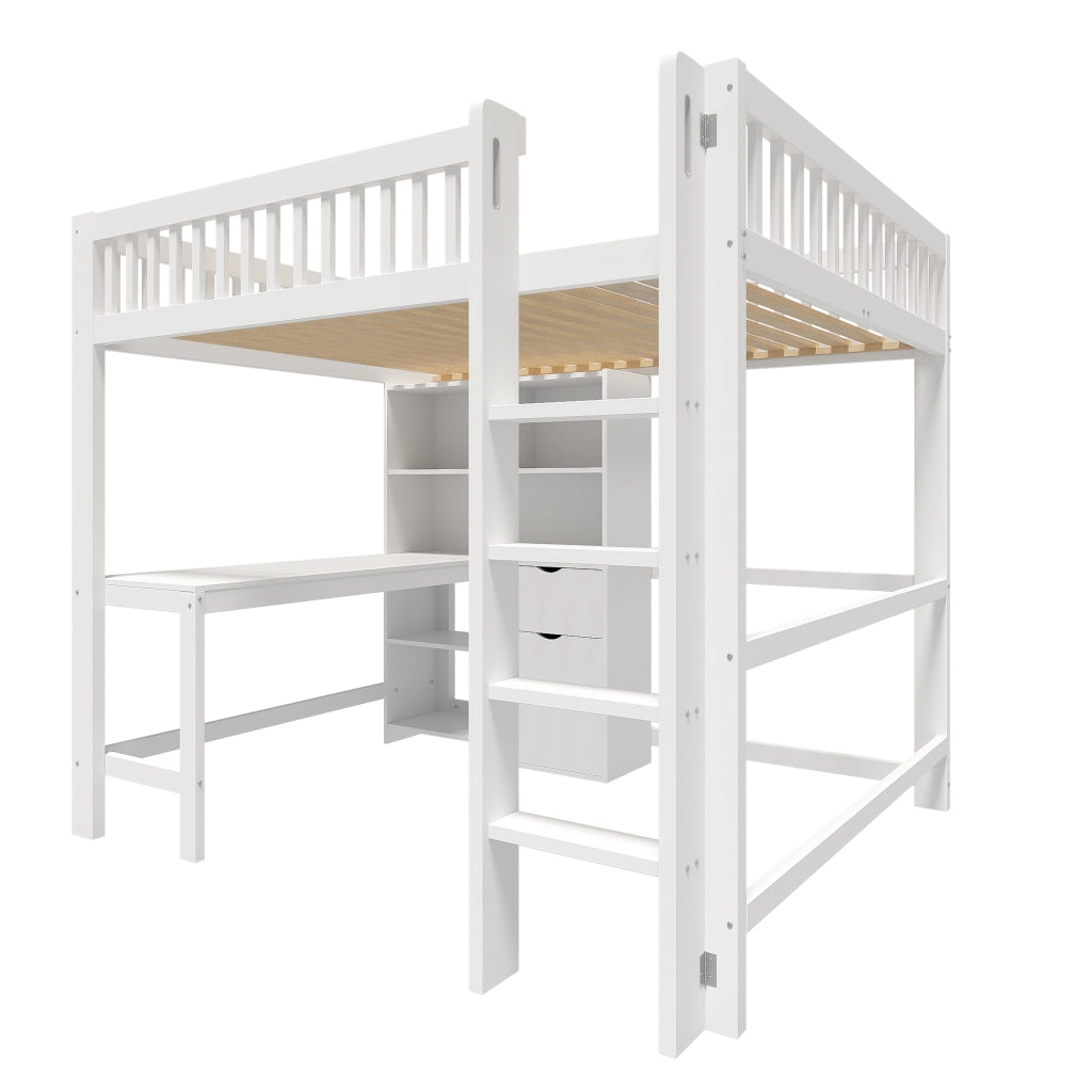 OKWISH Letto a soppalco 140×200 cm, Letto matrimoniale con Scrivania, 3 Cassetti, Mensole e Scala, senza Materasso, in Pino, Bianco