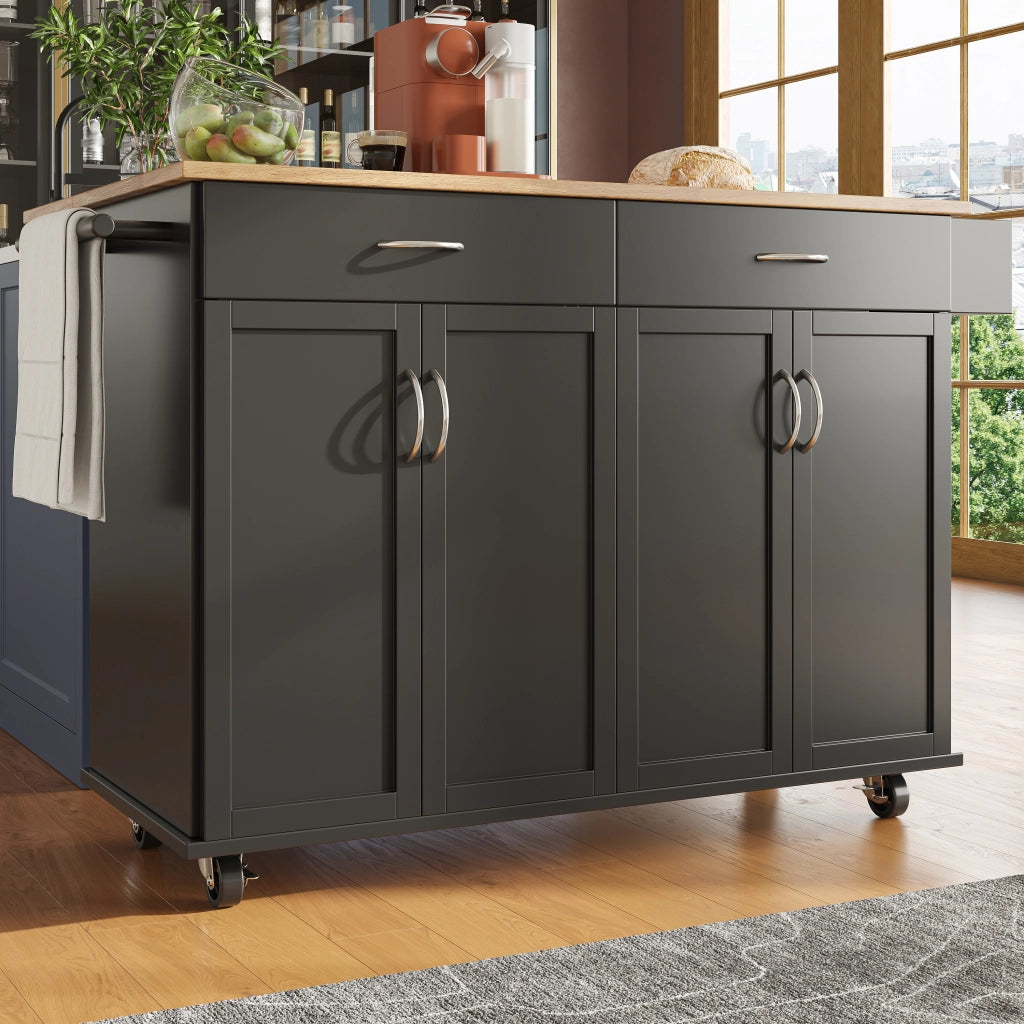 Carrello da Cucina con 2 Cassetti; Piano Ribaltabile; Ruote e Portasciugamani; 106 x 50 x 90.5 cm; Nero