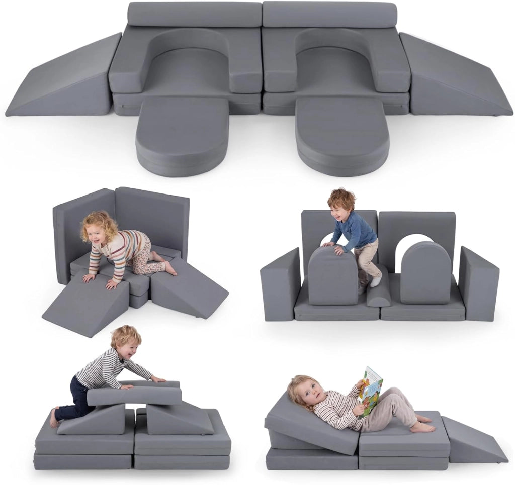 Divano da Gioco per Bambini Trasformabile, Poltrona Modulare a 10 Pezzi, Tessuto Suede e Schiuma ad Alta Elasticità, Divanetto per Bambini 3+ Anni, per Camerette, Soggiorno e Studio (Grigio)