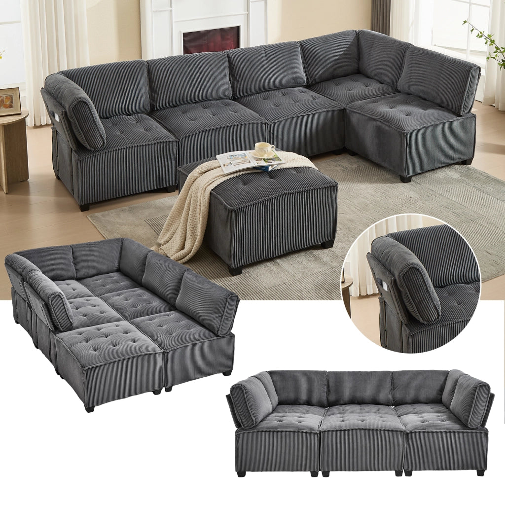 OKWISH Divano Modulare 6 Posti, Configurabile a U o L e Funzione Letto, Tasche Laterali, Velluto a Coste, Grigio