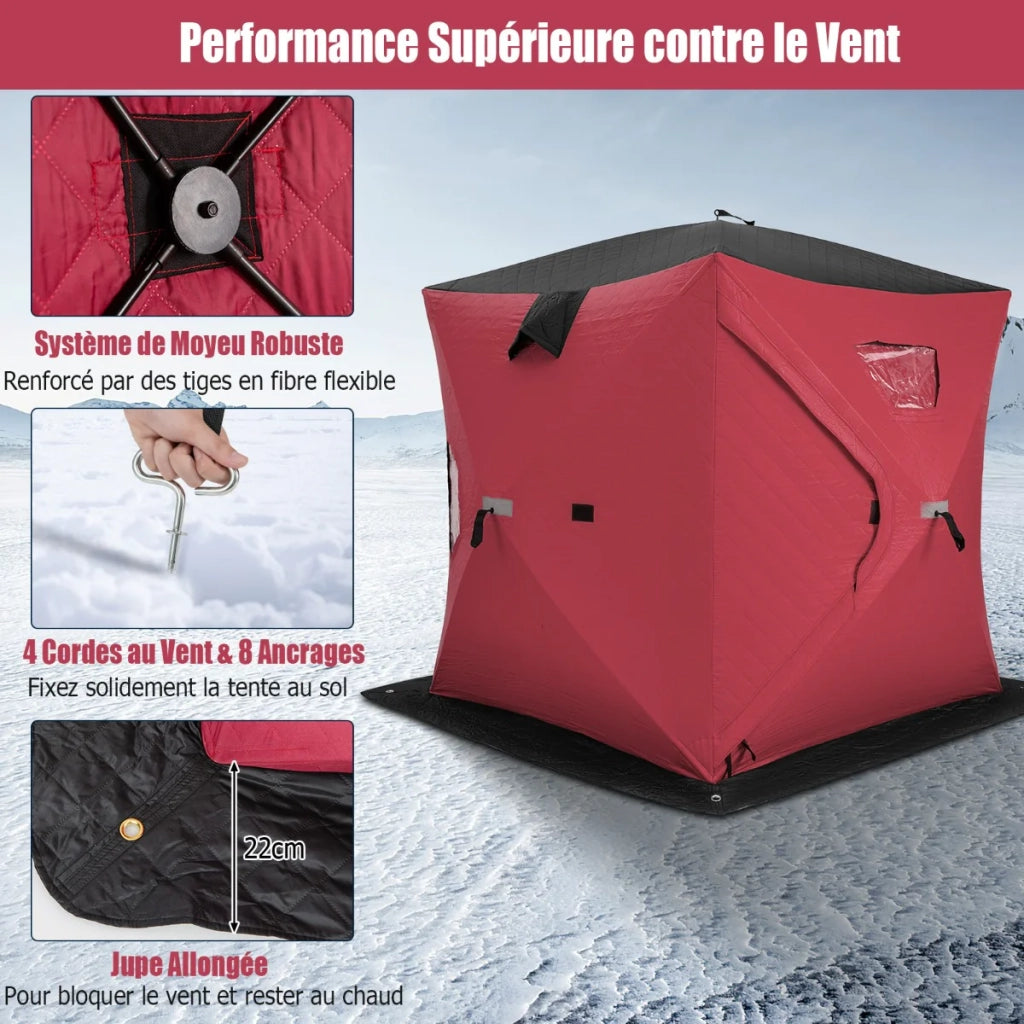 Tenda da pesca sul ghiaccio 2 m x 2 m riparo portatile isolato con finestra con cerniera moderna e resistente al vento in tessuto Oxford rosso 20_0017373