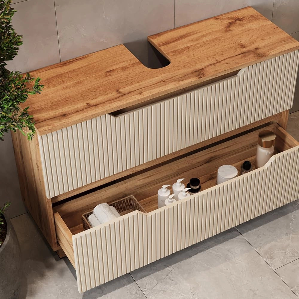 Mobile sottolavabo per bagno Lotta, Rovere/cashmere a righe, 99.4 x 62.5 cm con 2 cassetti