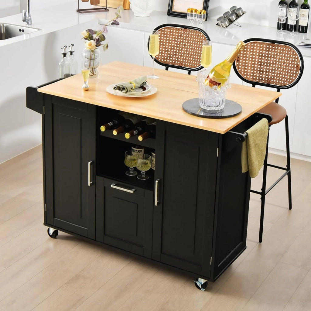 Carrello da Cucina con Ruote, Carrello di Servizio con 2 Armadietti a Anta, 1 Cassetto, 1 Portabottiglie, 1 Portasciugamani e 1 Portaspezie, Nero/Bianco (Nero)