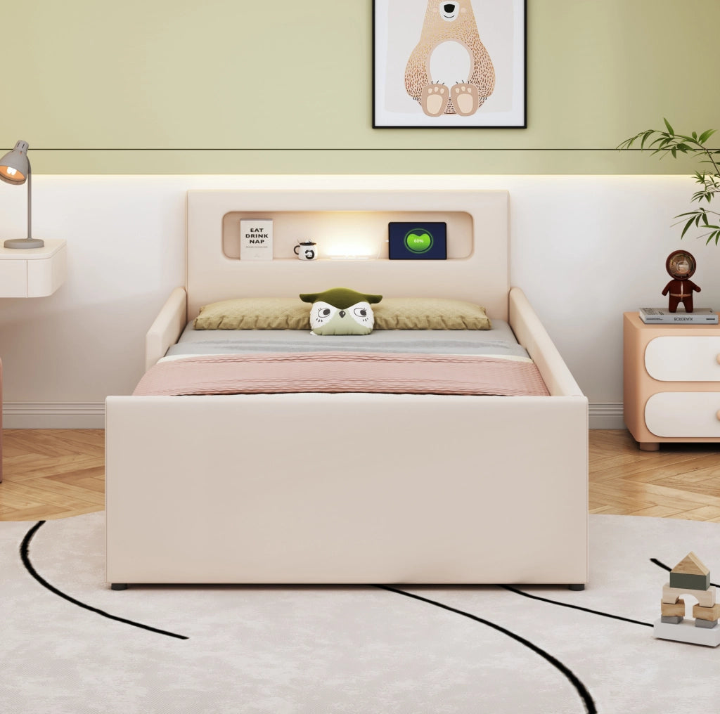 Letto imbottito per bambini 90x200 cm; con luce notturna e USB; ecopelle beige