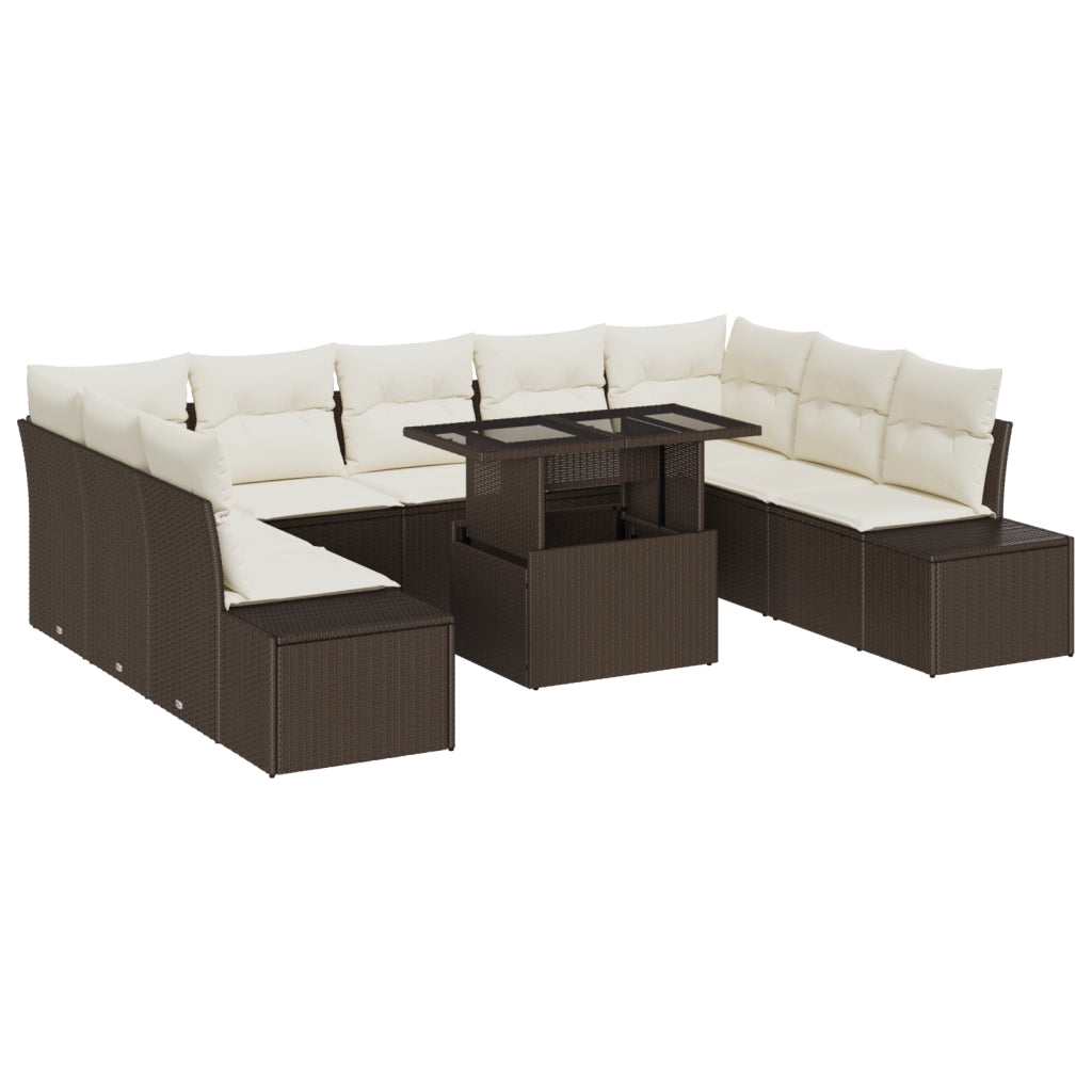 Set da Giardino con 10 Pezzi e Cuscini Marrone in Polirattan