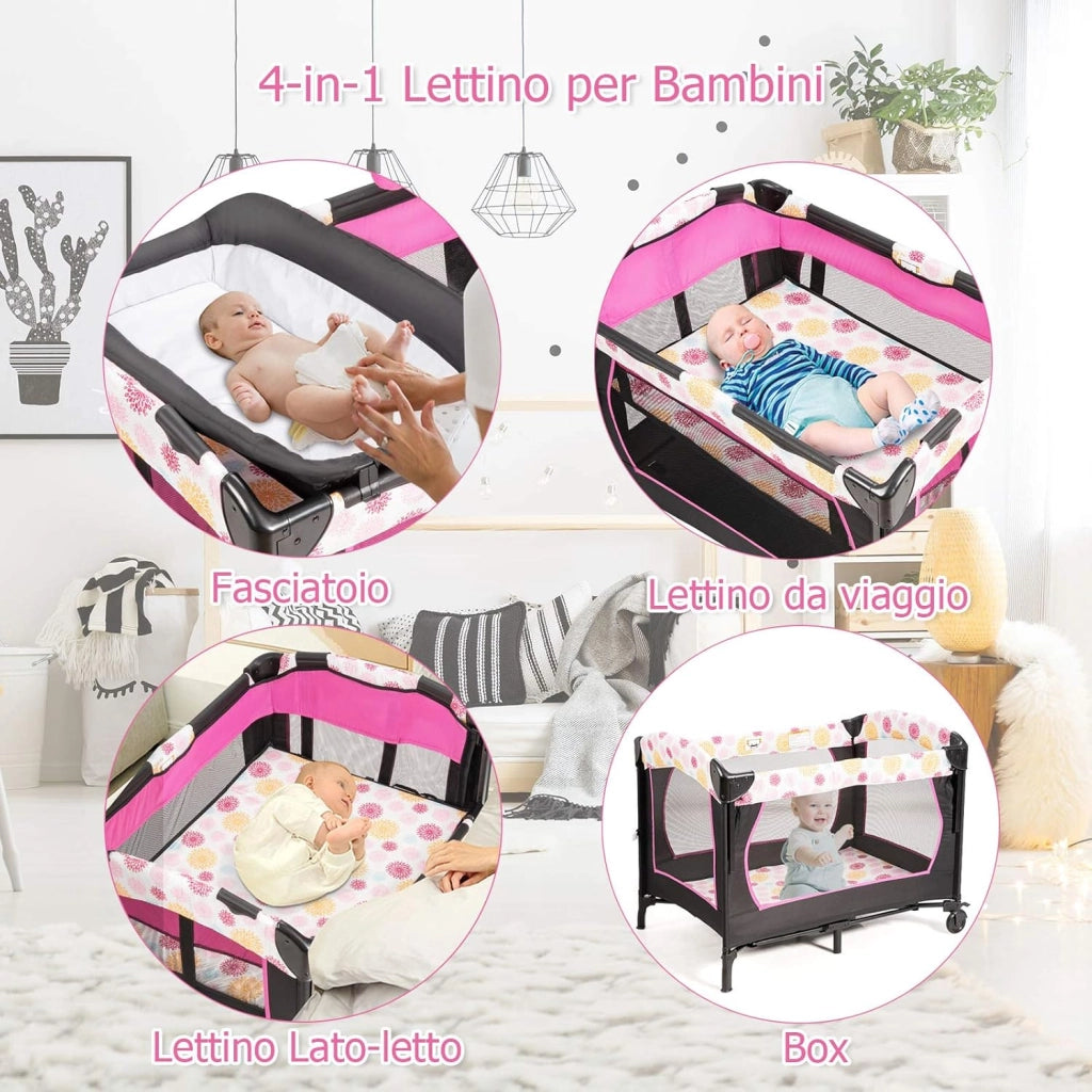 3 in 1 Lettino da Campeggio per Bambini, Culla per Neonati con Materasso Pieghevole, Fasciatoio, Giocattoli e Ruote, Box per Bambini 0-36 Mesi, 107 x 72 x 119 cm (Rosa)