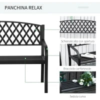 Panchina da Esterno 2 Posti con Braccioli in Acciaio e Ghisa, 128x58.5x89cm, Nero