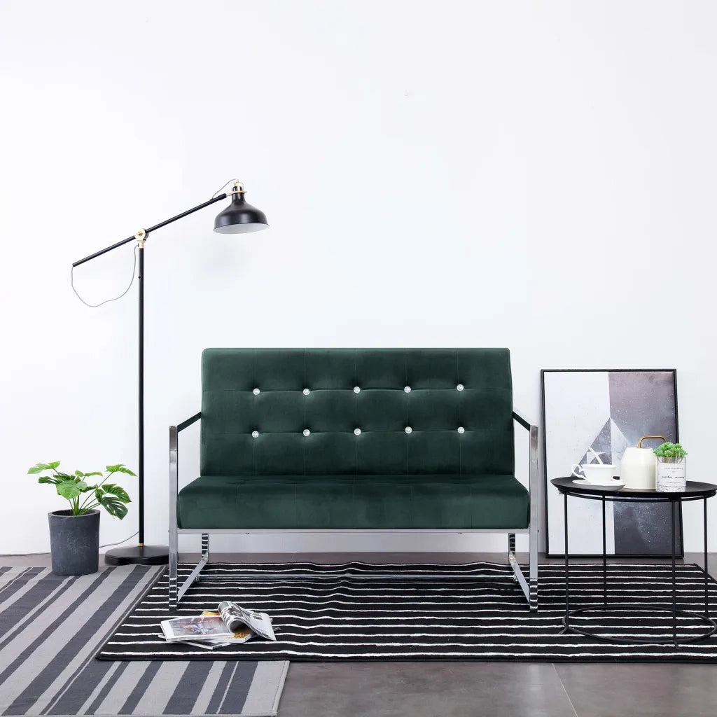 Divano | Divano da soggiorno | Sofa a 2 Posti con Braccioli Verde Scuro Cromato e Velluto