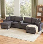 Divano a U in velluto a coste grigio con LED, USB/Type-C, 2 pouf e lampada