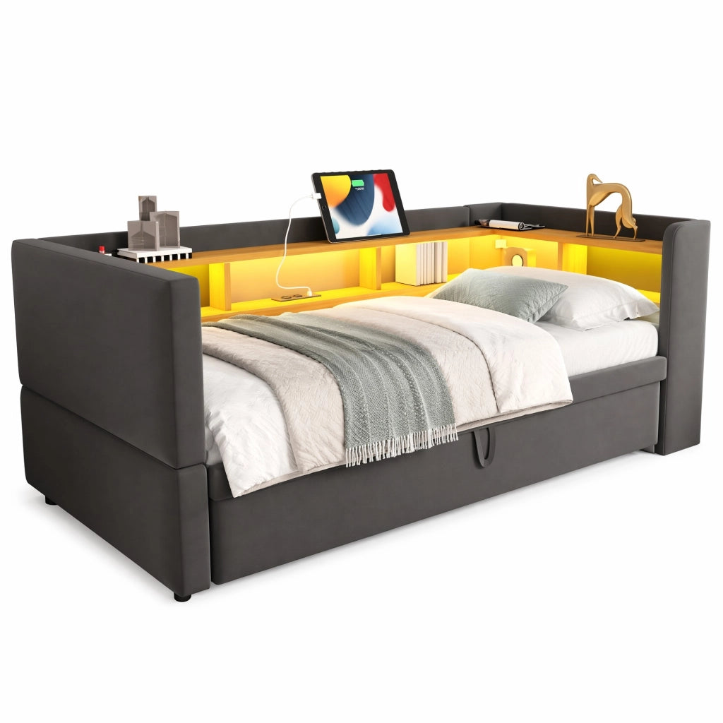 Divano letto imbottito estensibile 90/180x190 cm in flanella grigio scuro con LED e prese
