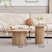 GrandCA HOME - Set di 2 Tavolini Rotondi da Caffè, Tavolino Rotondo da Divano, Piano in MDF con Base a Doghe in Legno, Ideale per Soggiorno e Ufficio (Venature in Legno Naturale)