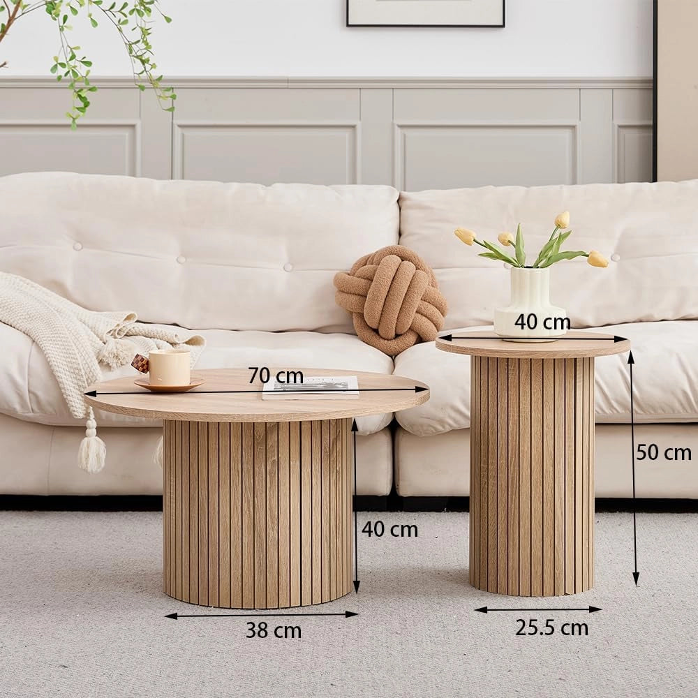 GrandCA HOME - Set di 2 Tavolini Rotondi da Caffè, Tavolino Rotondo da Divano, Piano in MDF con Base a Doghe in Legno, Ideale per Soggiorno e Ufficio (Venature in Legno Naturale)