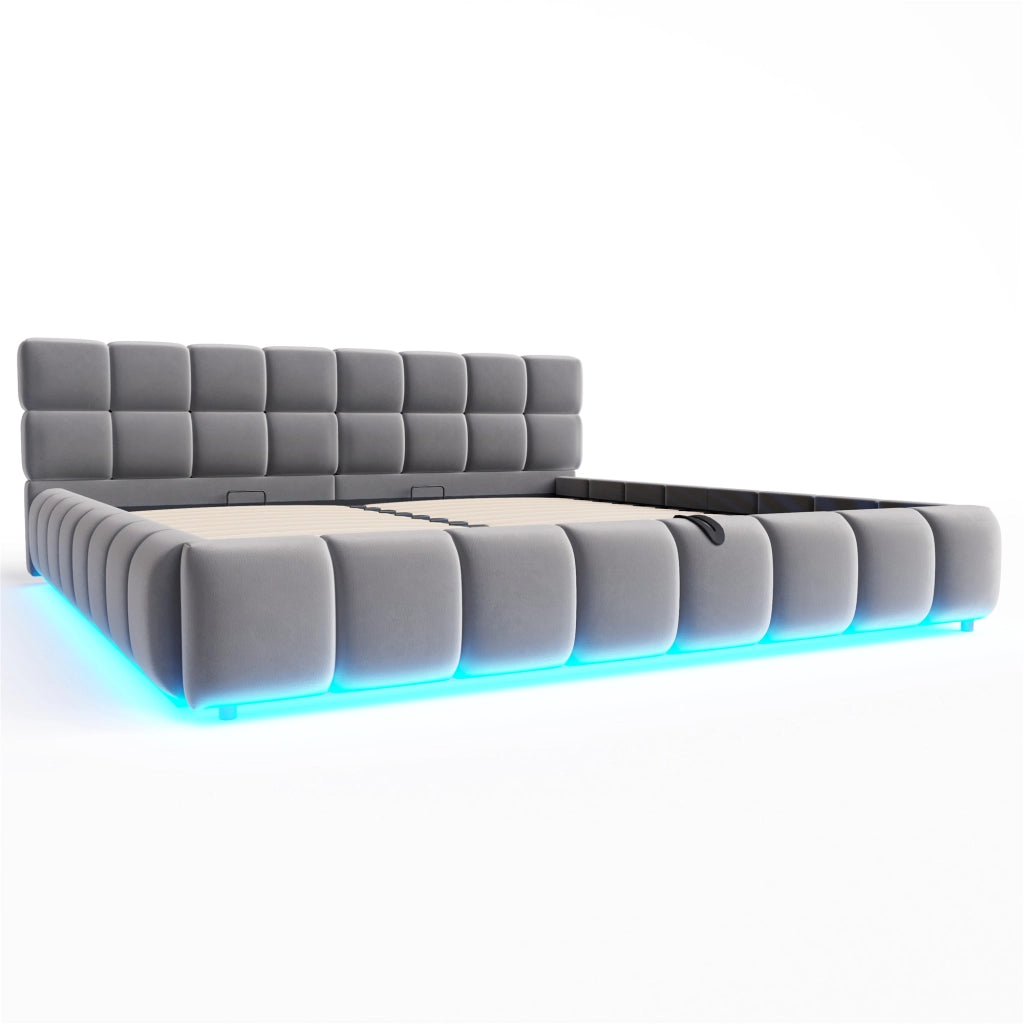 Letto imbottito 180x200 cm in velluto grigio con LED, contenitore idraulico e rete a doghe