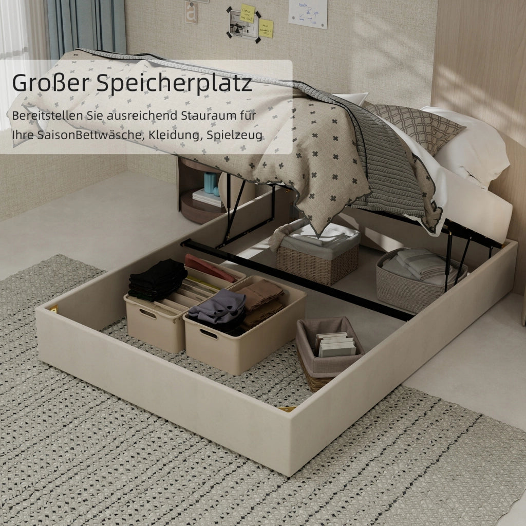 Letto imbottito 140x200 - Xylo - Beige velluto olandese telaio sollevabile