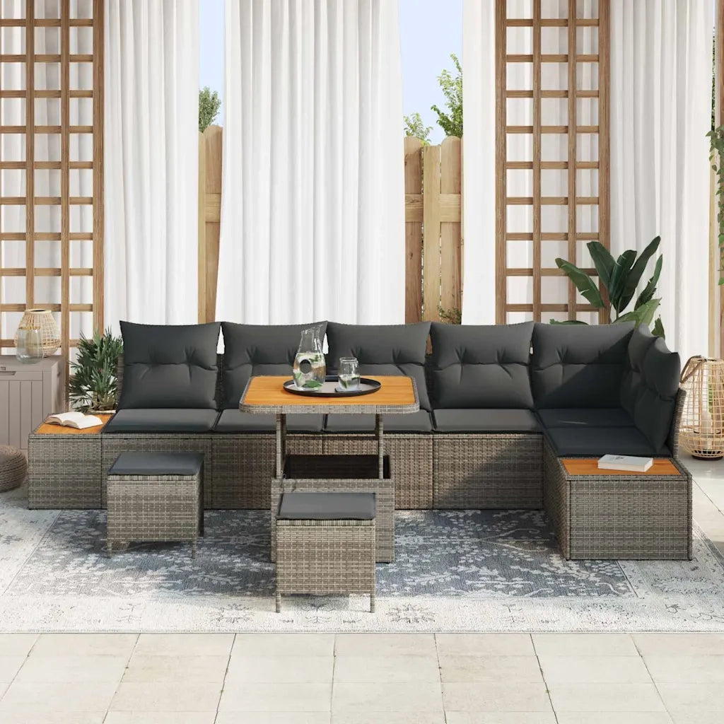 Set Divano da Giardino con cuscino 9 pcs Grigio Poly Rattan