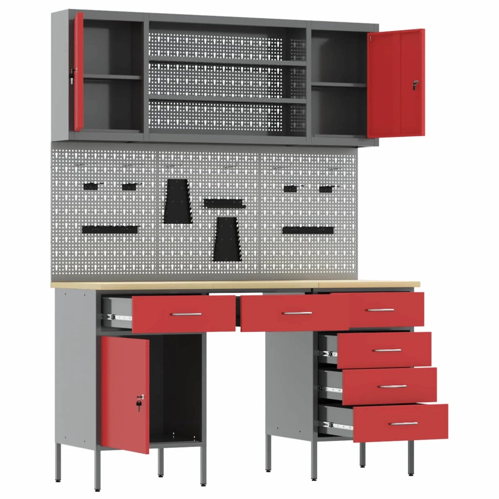 Mobile da lavoro 8 pcs Rosso Legno ingegnerizzato e acciaio 3321467