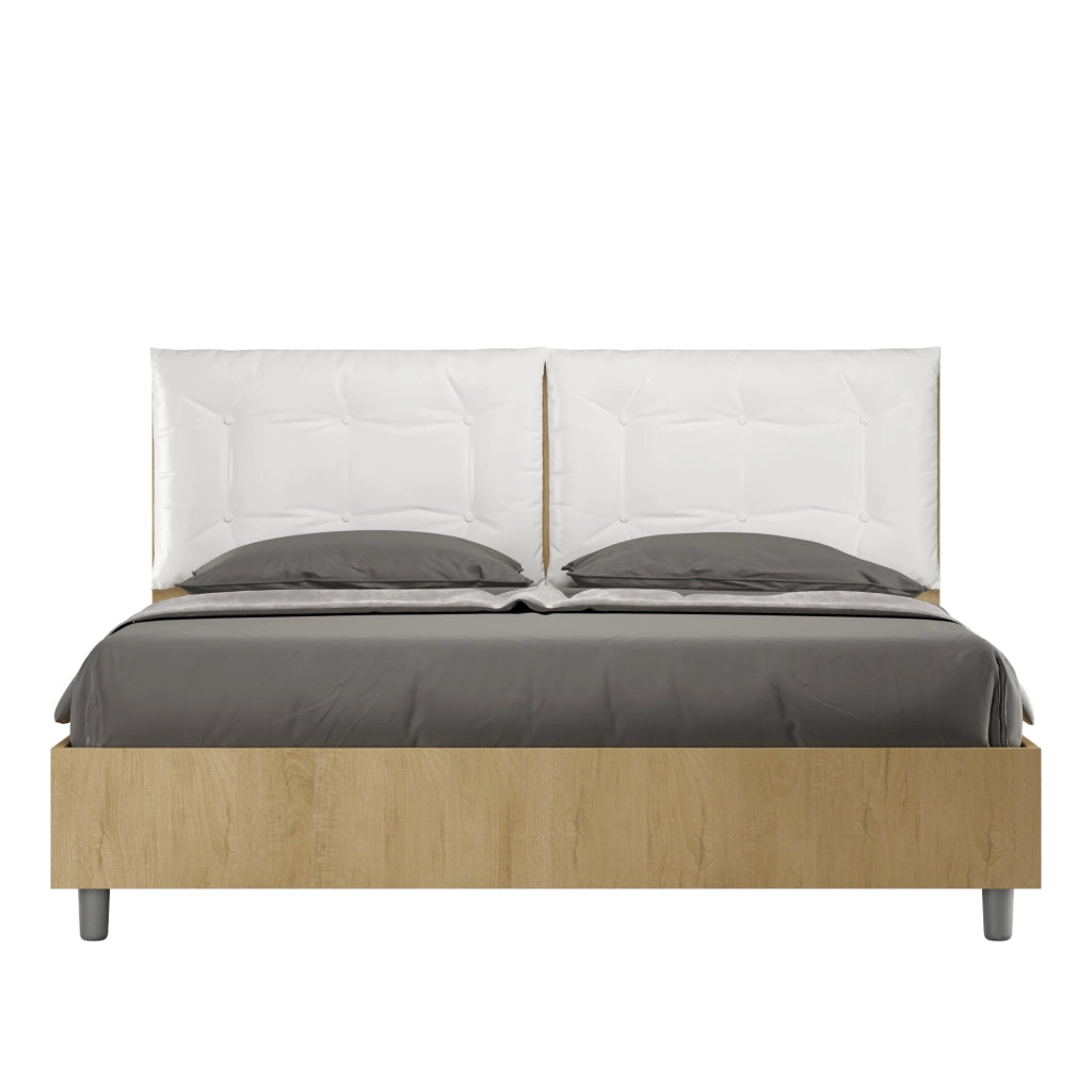 Letto Matrimoniale 160x190 cm con Rete Struttura Quercia con Cuscini in Similpelle Egos Annalisa Bianco