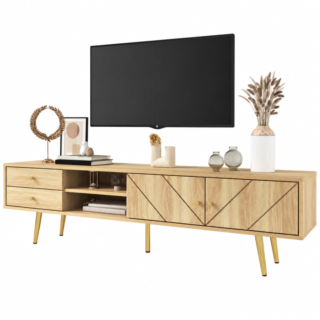 Mobile TV 160x36x42 cm; design a rilievo con 2 cassetti; MDF e truciolare; colore naturale