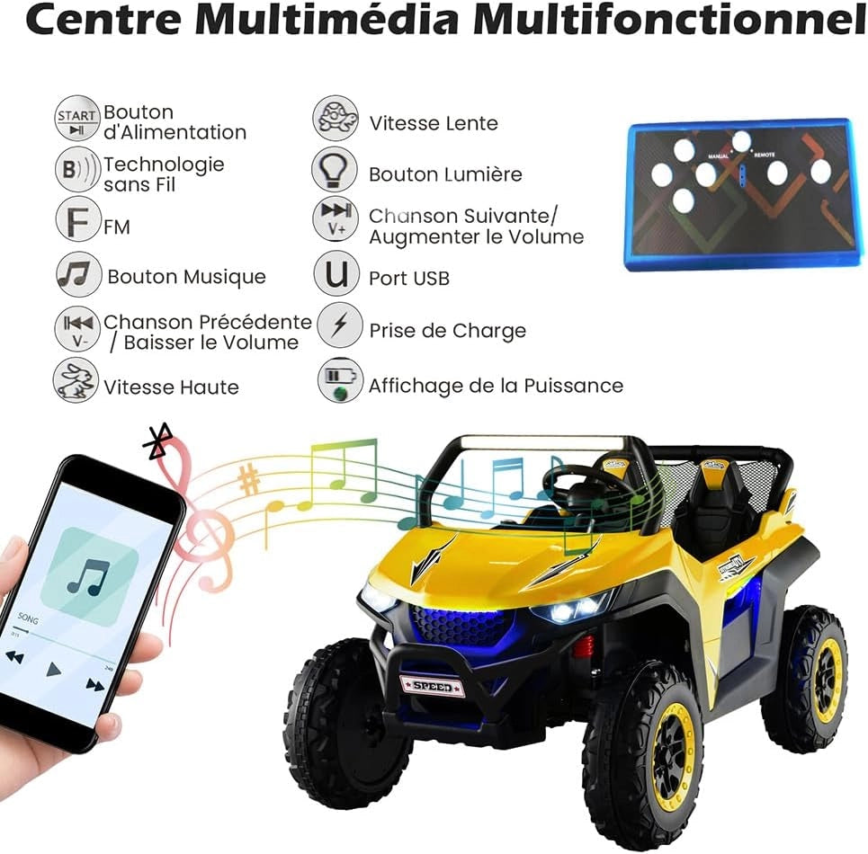 Macchina Elettrica Per Bambini 2 Posti, con Multimedia e Telecomando 2,4G per Genitori, Autonomia 60-120 Min, Carico Max 59 KG, Macchina Elettrica per Bambini da 3 a 8 Anni (Giallo)