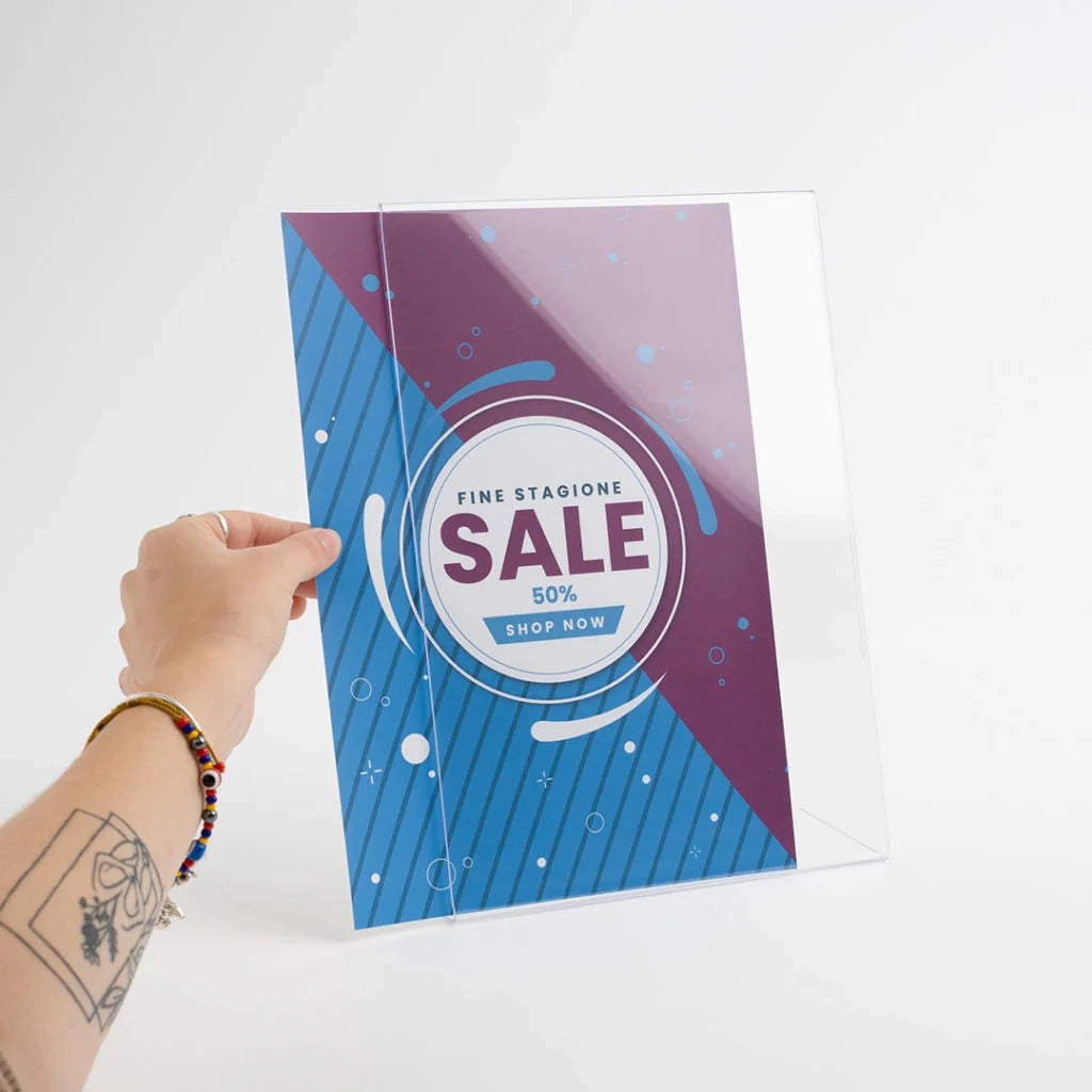 Porta avvisi da banco in Plexi con base a L Monofacciale - A5 verticale