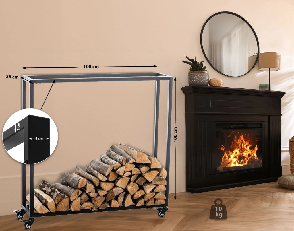 Portalegna per Camino HETTA in Acciaio Inox nero,25x100x100 cm