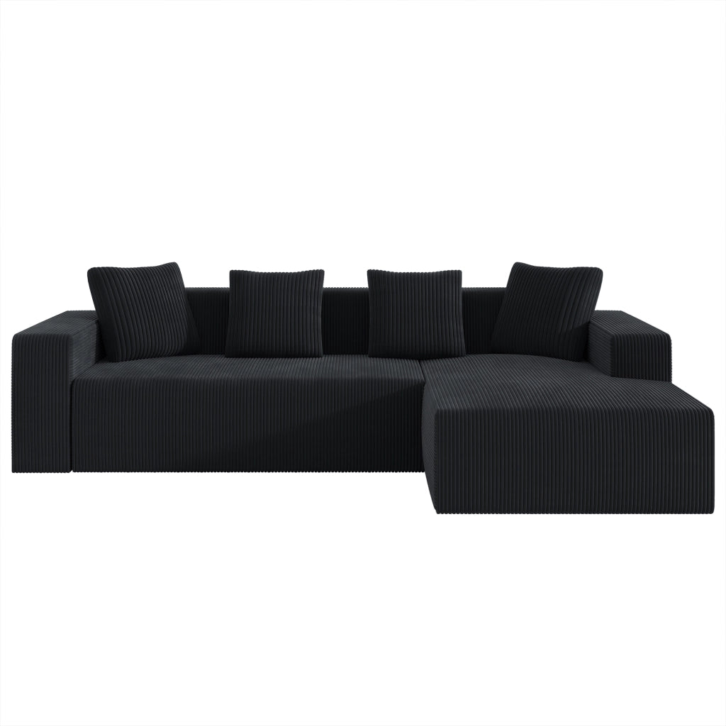 Divano modulare angolare 3 posti con chaise longue e 4 cuscini, seduta profonda, in velluto a coste, Nero