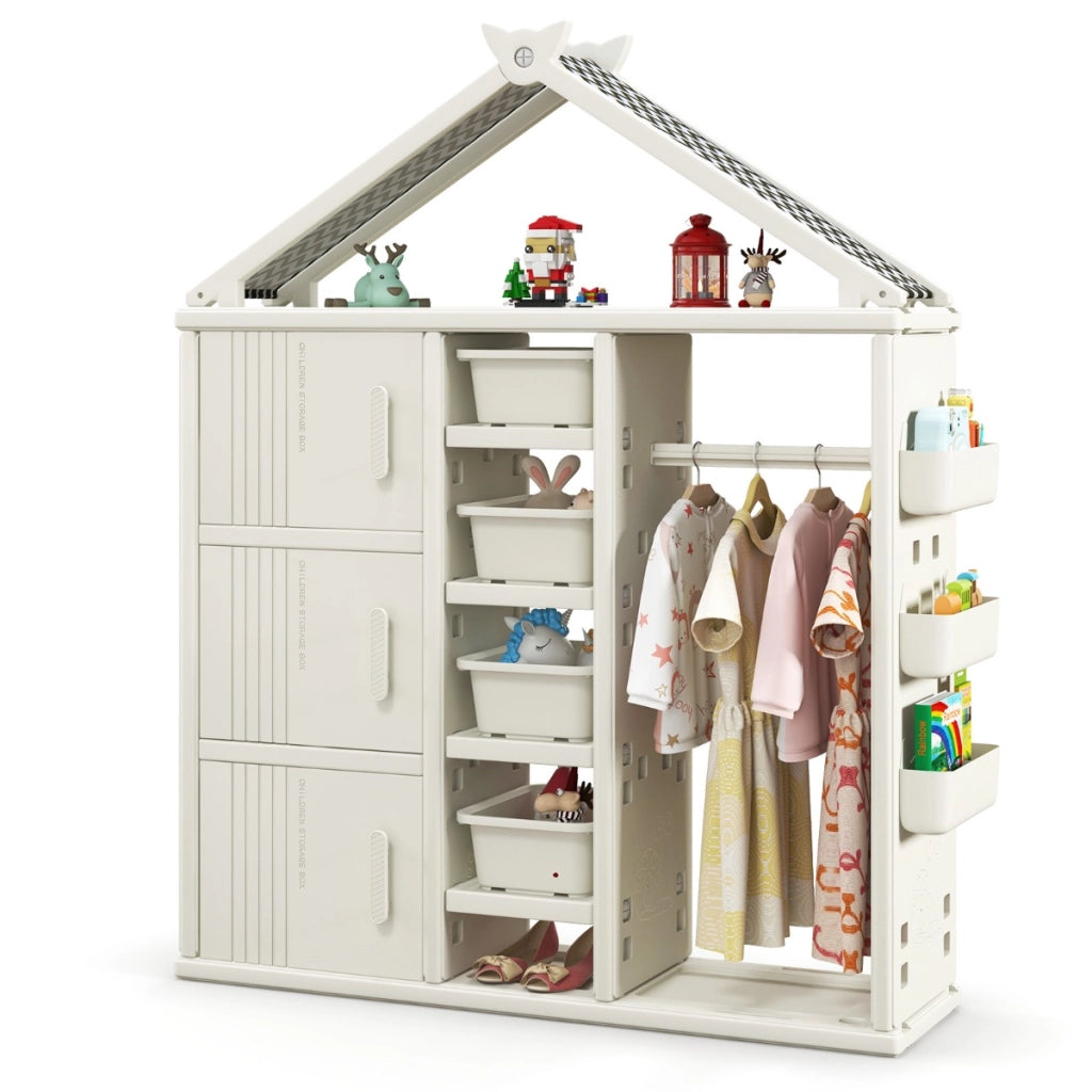 Armadio portaoggetti per bambini con appendiabiti da letto dei bambini, Organizzatore di vestiti con 3 armadietti Beige-Scaffalature