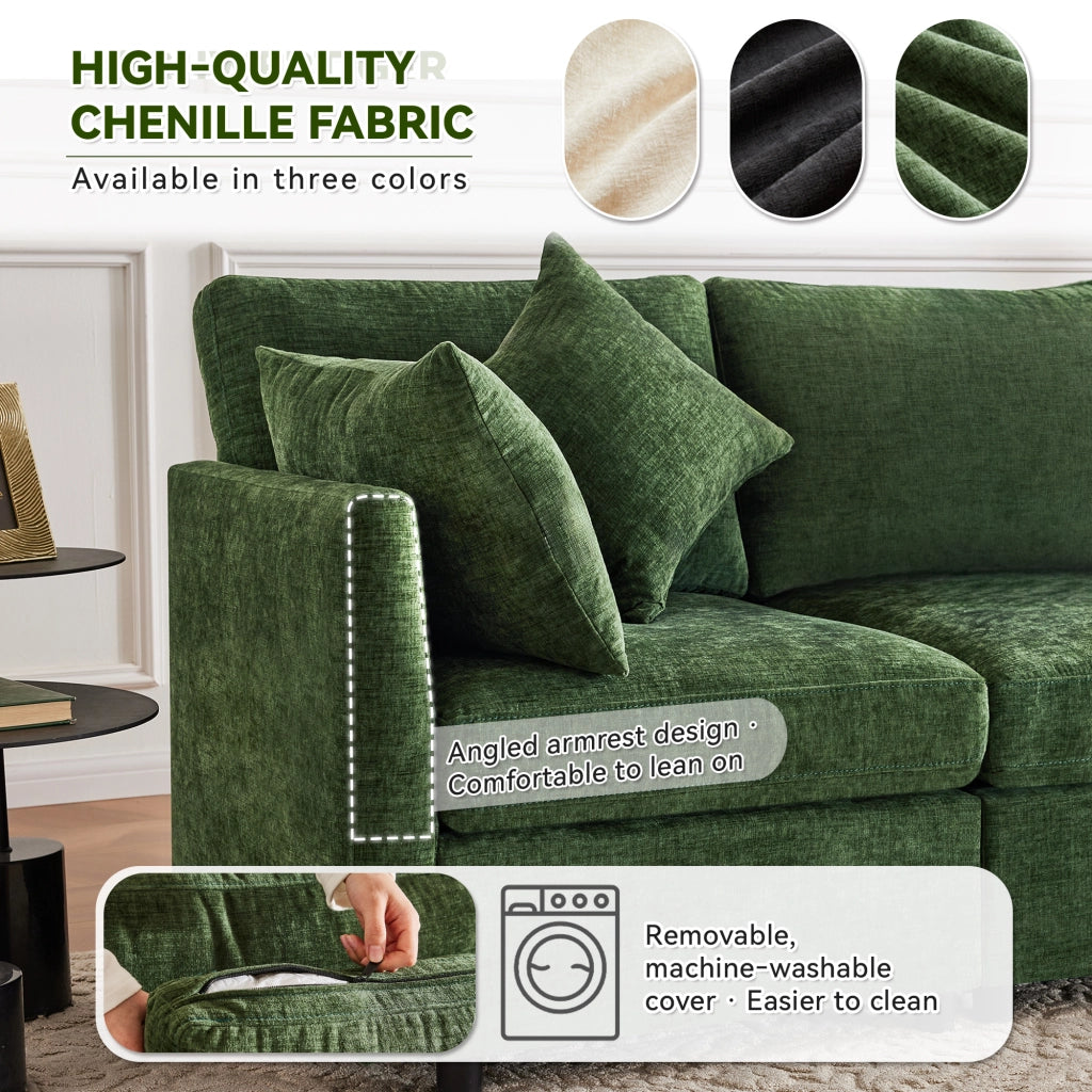 Divano angolare modulare con pouf mobile e 4 cuscini in chenille per soggiorno e ufficio verde 216 × 161 × 81 cm