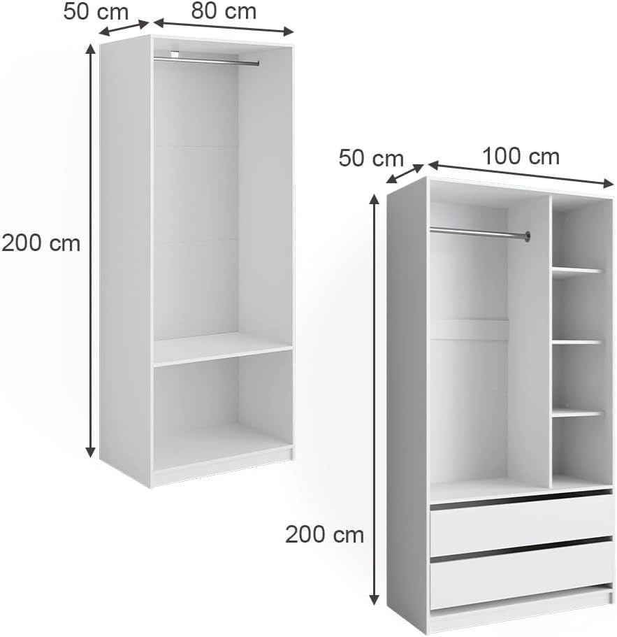 Armadio Elmo, Bianco, 180 x 200 cm Set di 2, per una conservazione flessibile di diversi capi di abbigliamento