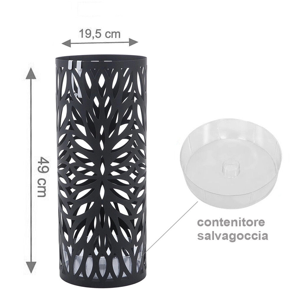 Porta Ombrelli Decorato H. 49 cm Metallo Verniciato Interno Esterno con Vaschetta Salvagoccia
