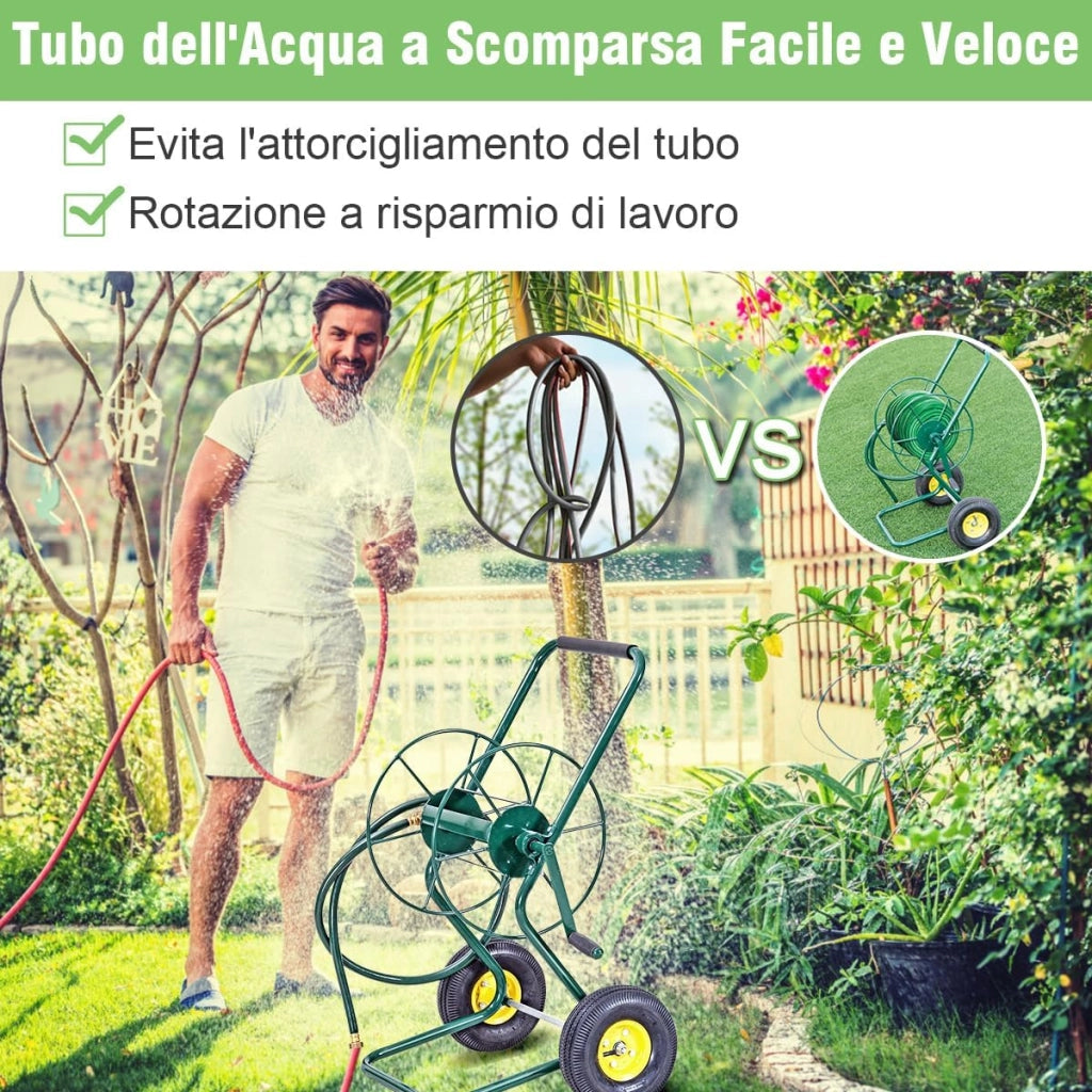 Carrello Avvolgitubo da Giardino, Carrello per Tubo di Irrigazione in Metallo con 2 Ruote Pneumatiche di Grandi Dimensioni, per Giardino e Cortile, 71 x 53 x 96,5 cm