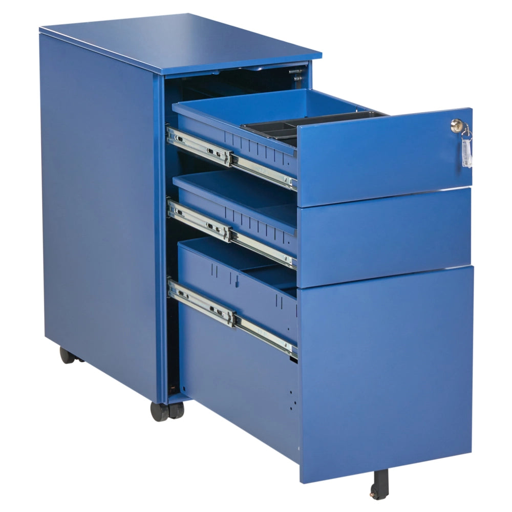 Mobiletto Portaoggetti in Metallo blu con 3 Cassetti con serratura a chiave e ruote industriali moderno Home Office Garage