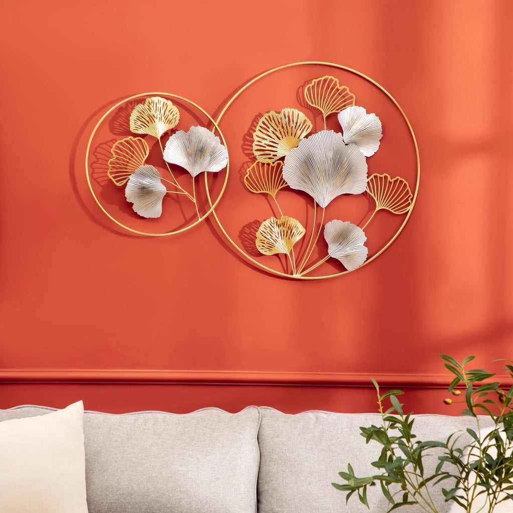 EasyComfort Decorazione Murale 3D in Metallo, Wall Art Dorata con Ginkgo in due Cornici Rotonde, 102x66.2cm, Oro e Argento