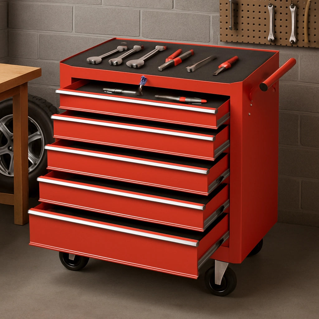 Carrello Portautensili 5 Cassetti Mobiletto con 4 Ruote Maniglia per Garage Officina Rosso