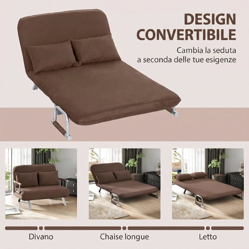 Divano Letto 2 Posti 111x80x78 cm Schienale Regolabile e 2 Cuscini in Finta Pelle Scamosciata Marrone