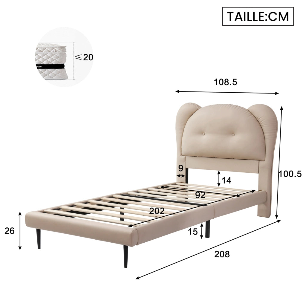 Letto per Bambini 90x200 cm; Letto Singolo - Testiera a Forma di Animale - PU - Beige