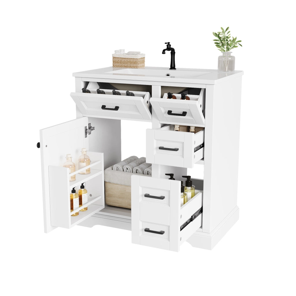 Mobile bagno sospeso a terra con lavabo in ceramica integrato, finitura laccata bianca, 76 x 47 x 82 cm