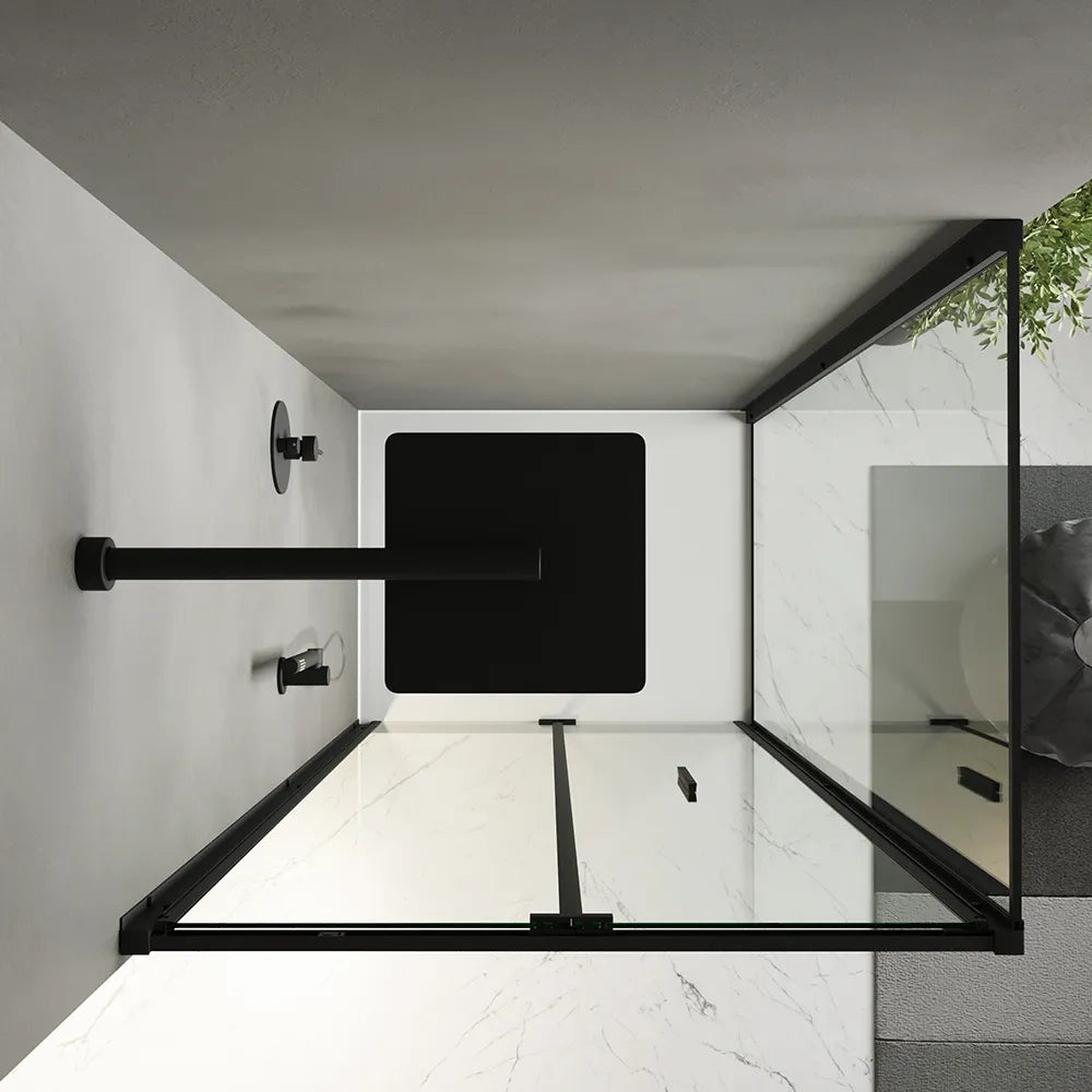 Box doccia slim 90x90cm con porta a libro e parete fissa profili nero opaco e vetro 6mm trasparente h190| Portofino