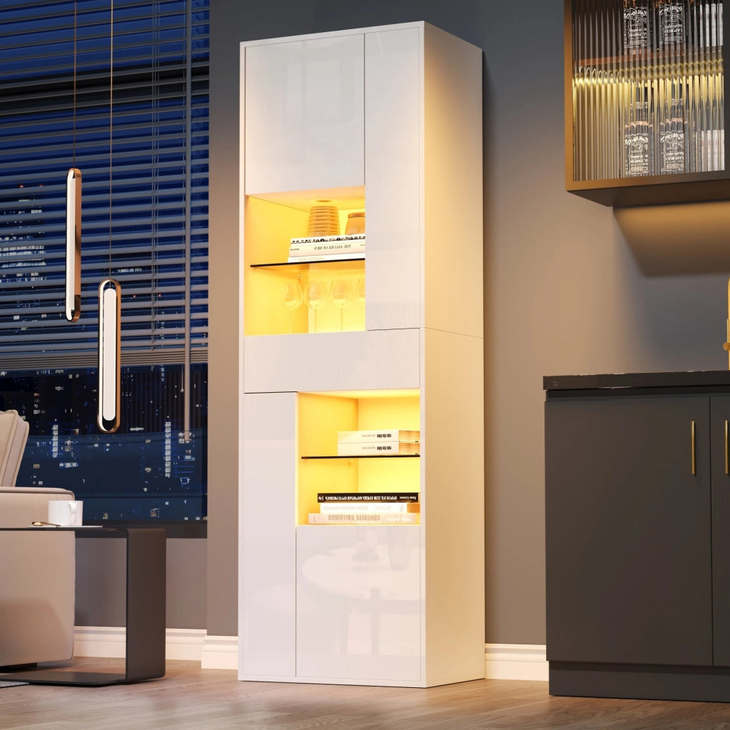 Vetrina alta bianca 55 x 38 x 170 cm con LED e 1 cassetto
