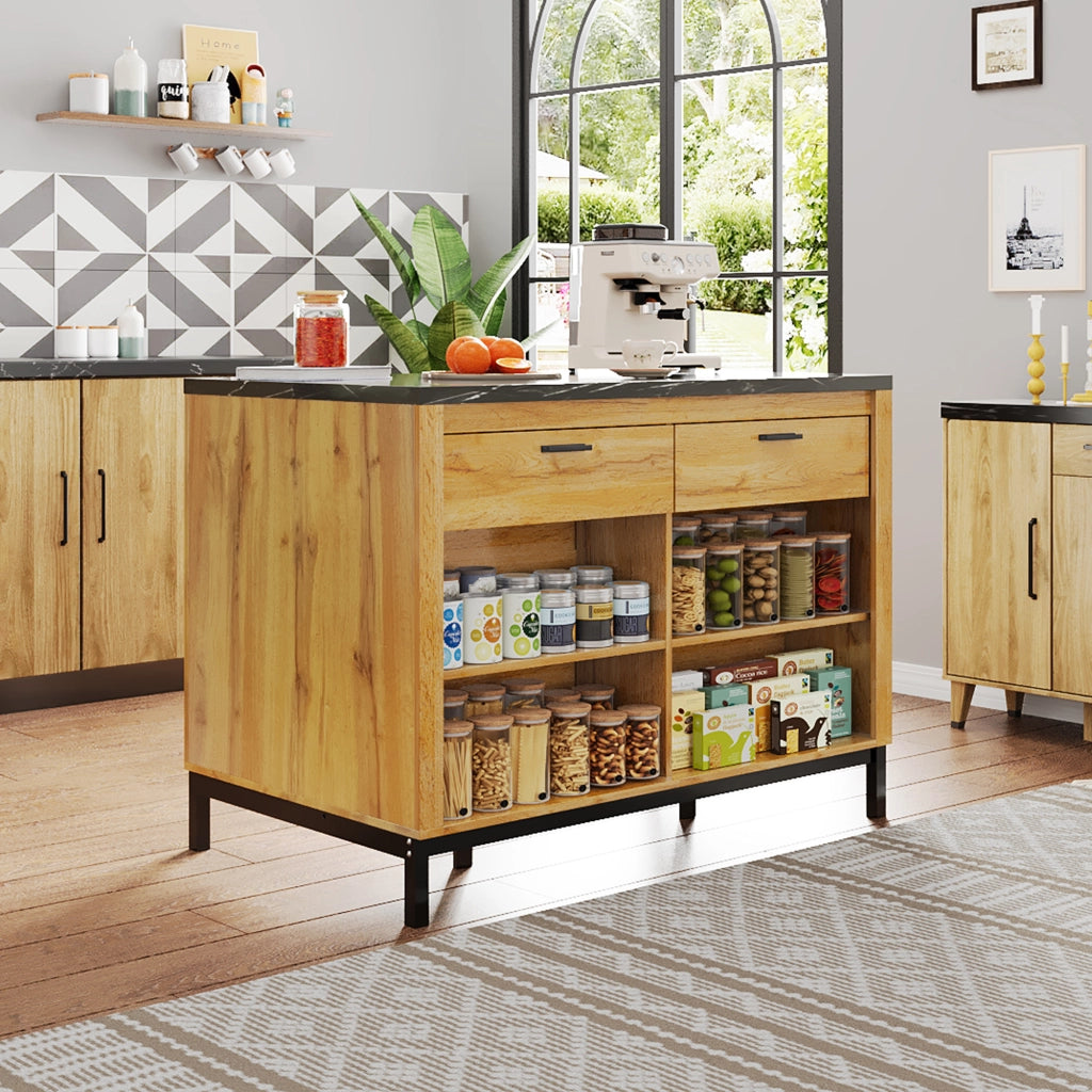 Isola cucina 120 x 75 x 90 cm in stile country con 2 cassetti e ripiani a vista, piano effetto marmo nero, colore nero/naturale