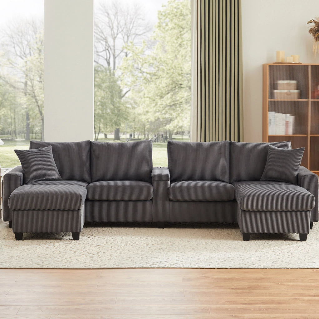 Divano a U in velluto a coste con 2 pouf contenitore; LED; USB e Type-C; grigio 334x128;5x81 cm