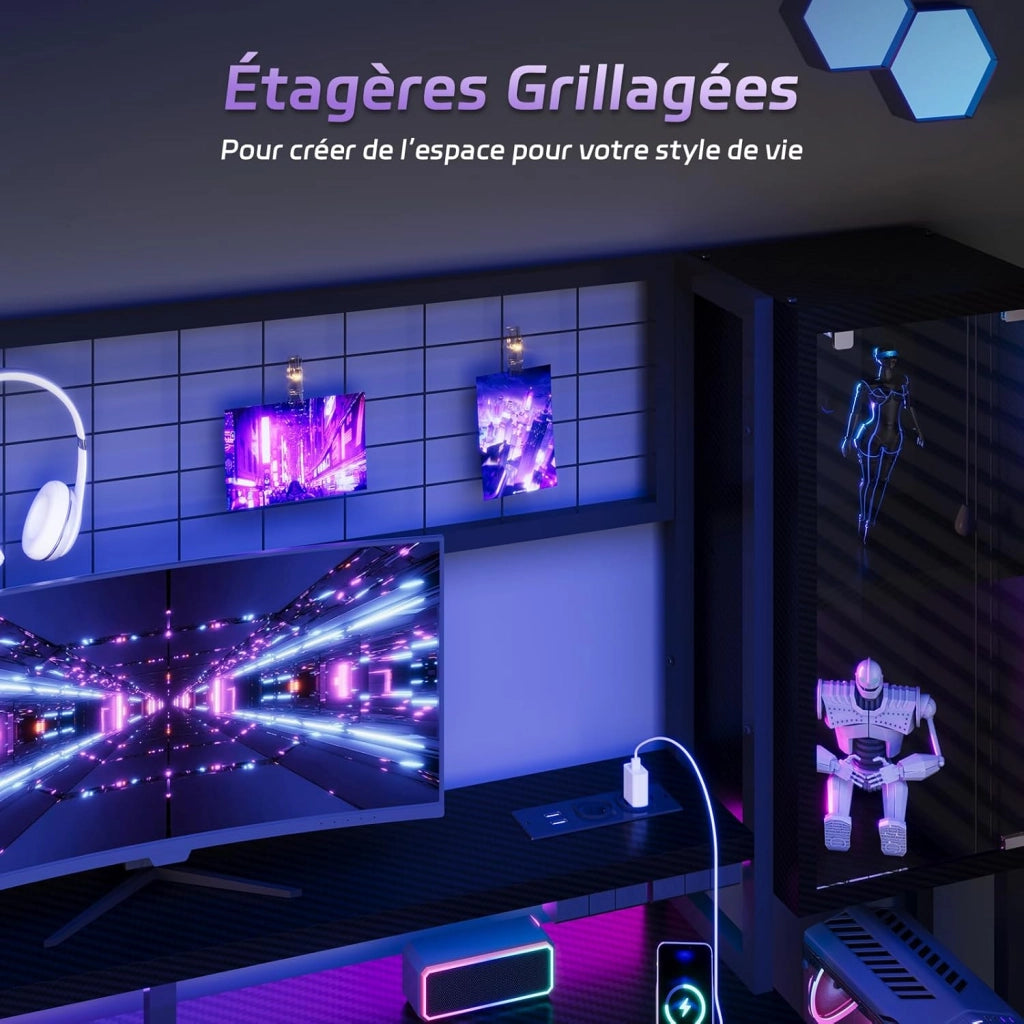 Scrivania Da Gaming Angolare Con LED E Prese, 140 cm, Arredamento Per Ufficio, Con Ganci E 2 Cassetti In Tessuto, Ideale Per il Telelavoro E I Videogiochi, Nera