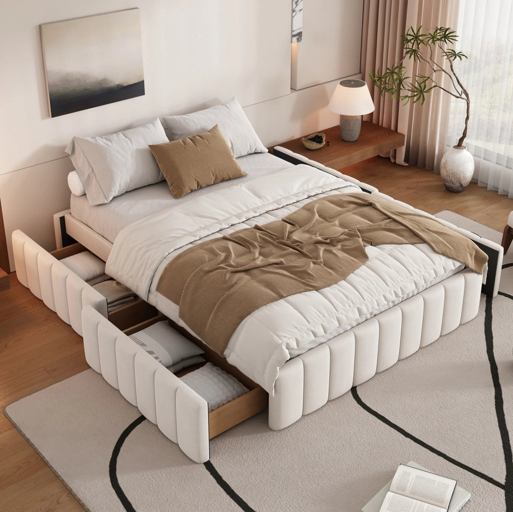 Letto imbottito 140x200 cm in velluto beige con 4 cassetti