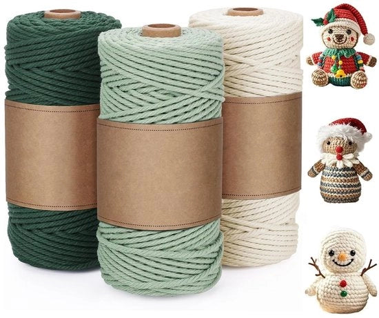 Gonna in cotone, 3 mm, naturale, 100 m per rotolo, per macramé, cordone in verde, corda morbida per ricamo, boho, tappeto da parete, ciondolo, fai da te