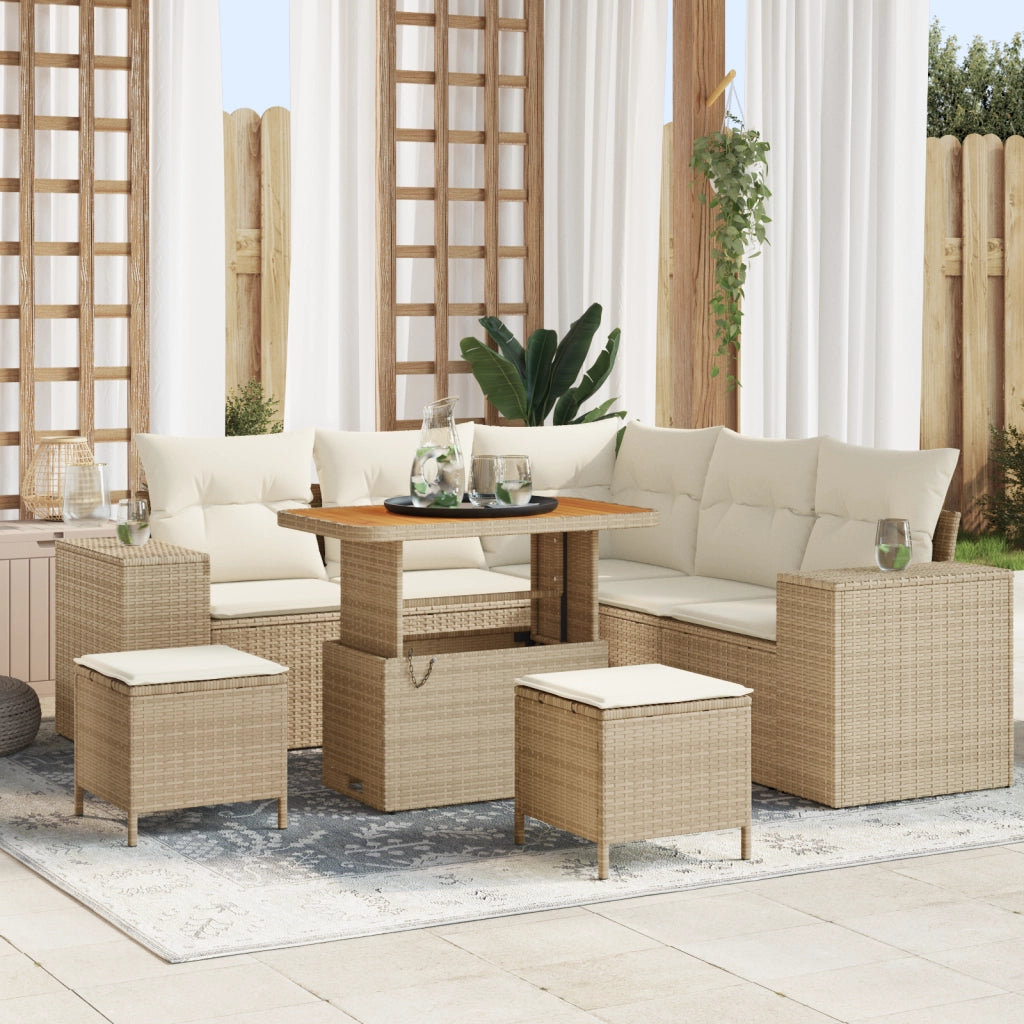 Set Divano da Giardino 8 Pezzi con Cuscini Beige Polirattan Acacia