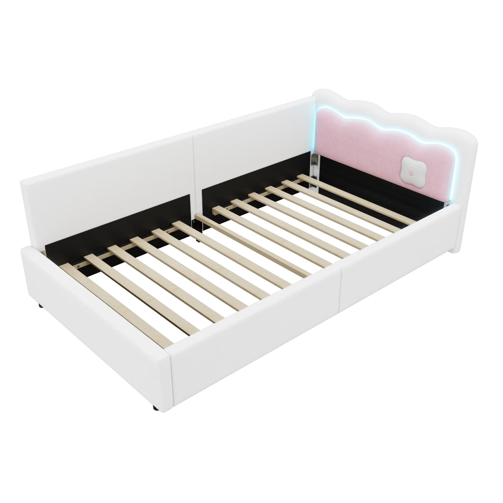 OKWISH Letto a Daybed 90×200 cm, Letto Singolo con LED Regolabile, Testiera Colour-Blocking, senza Materasso, in Velluto, Bianco