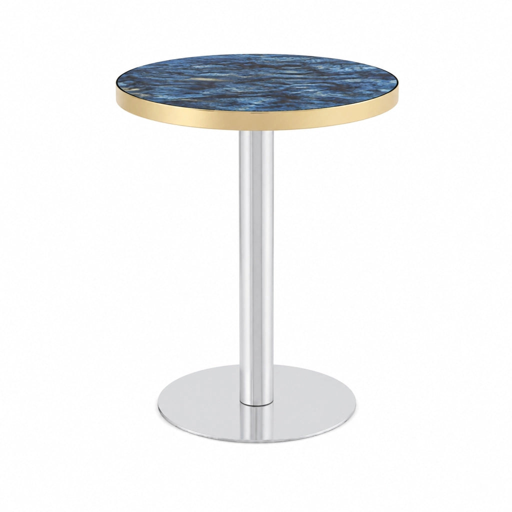 Tavolo rotondo in MDF effetto marmo blu con base in metallo