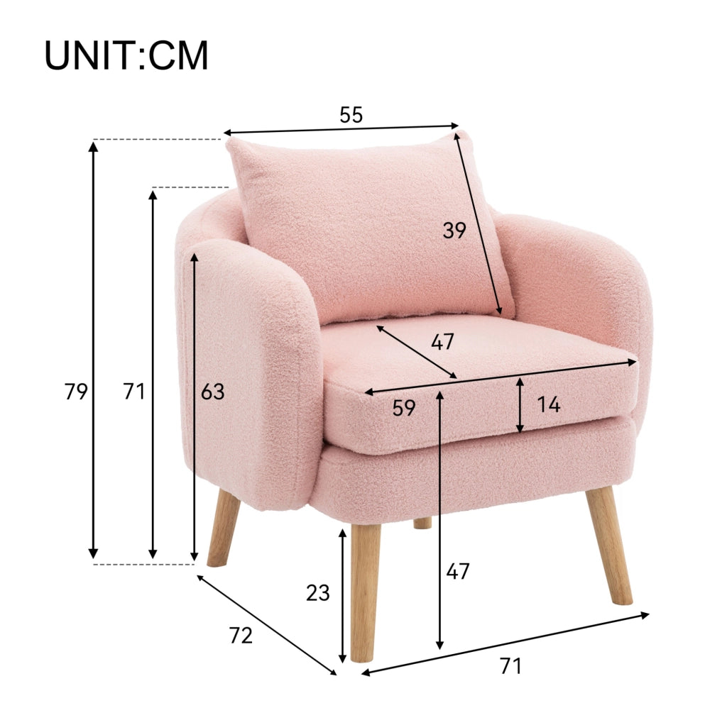 Poltrona singola in tessuto teddy rosa con cuscino di seduta da 14 cm
