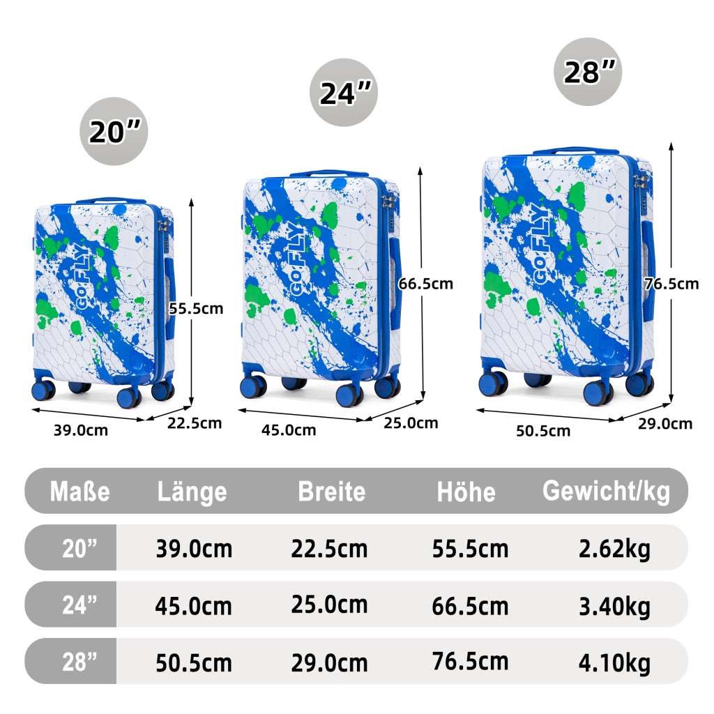 Set di 3 valigie rigide in pc con stampa a spruzzi, lucchetto a combinazione e ruote girevoli blu