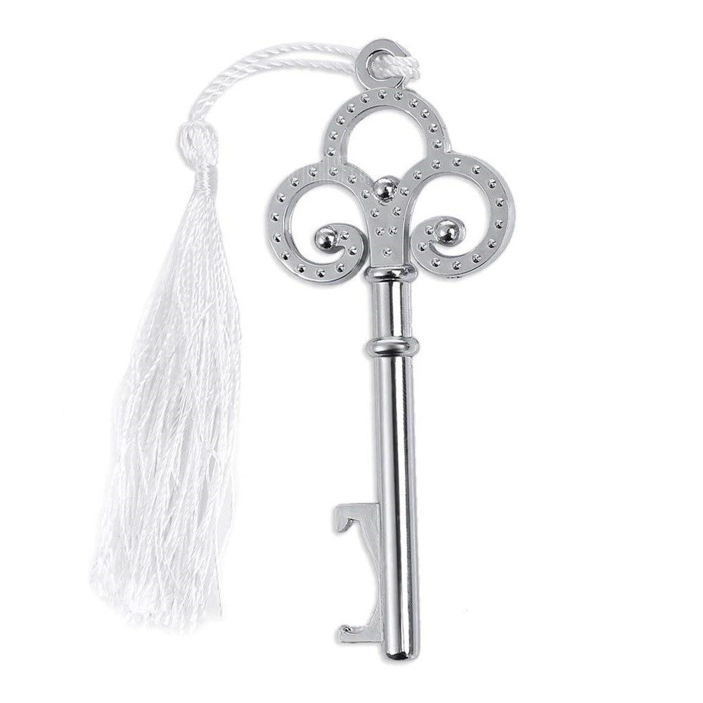 Trade Shop - Apribottiglie Apri Bottiglia Chiave Nappa Bianca Segnaposto Posto Bomboniera -